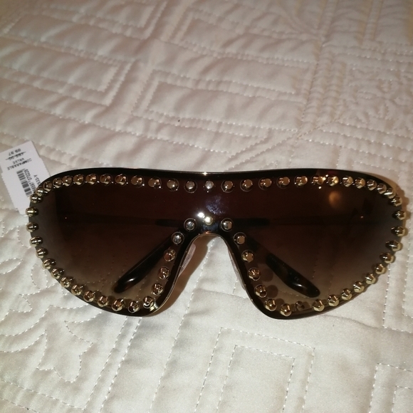 PRADA Y2K Style Catwalk Gold 508 6S1, SPR 73V Studded Shield Sunglasses NWT - Picture 6 of 10